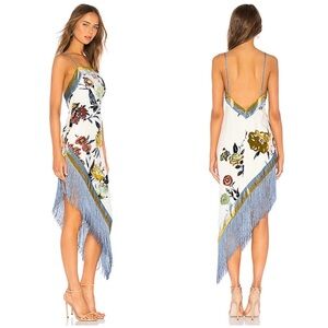 NBD White Floral Fringe Slip Dress with Blue Trim